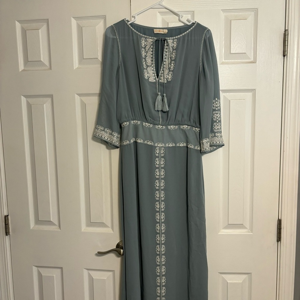 Tory Burch 100% Silk Blue Embroidered Maxi Dress - Picture 2 of 9